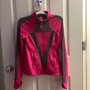 Girls pink and black/white striped jacket. (Iviva)